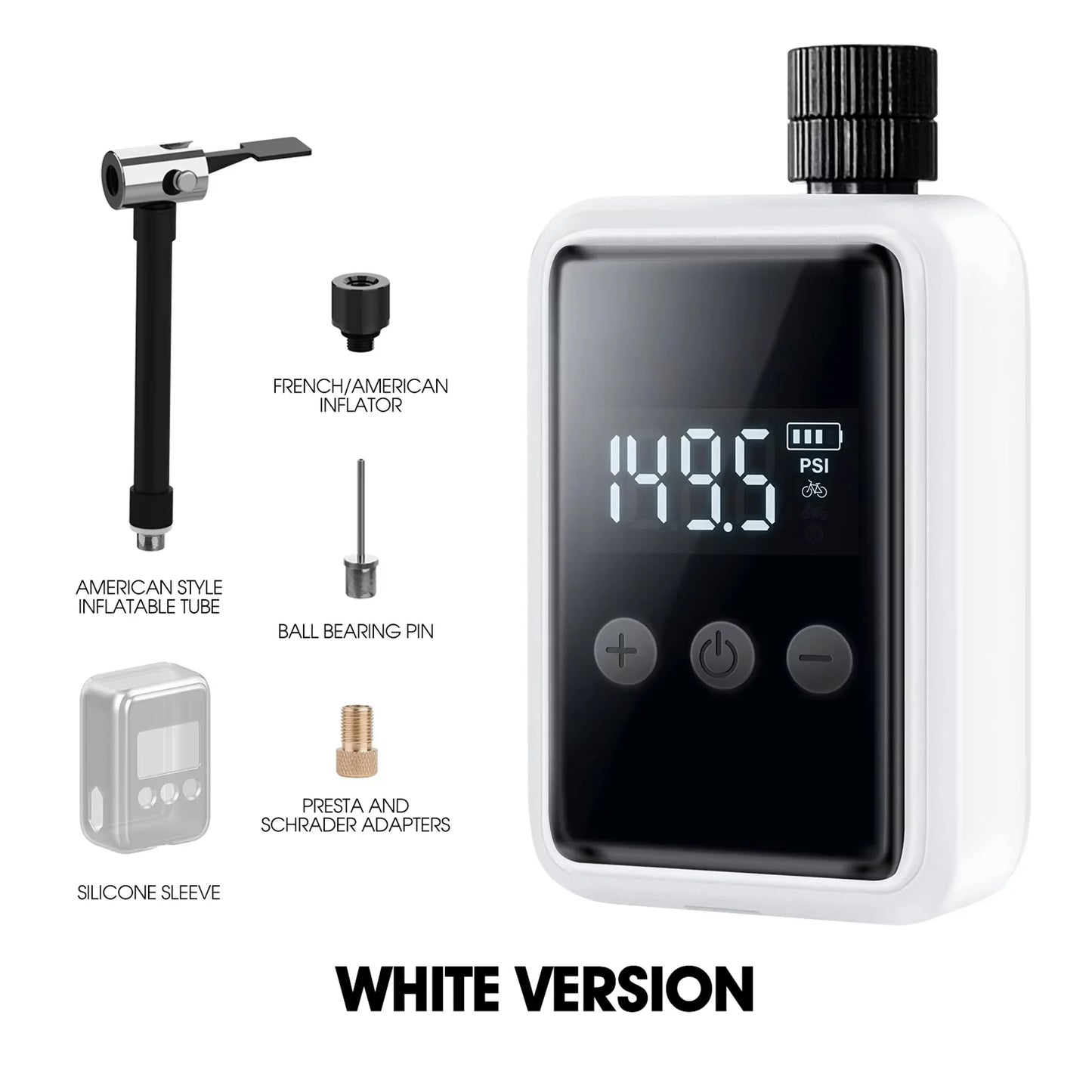 White digital Tyrisclix Bike Pump with various attachments on a white background