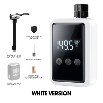 White digital Tyrisclix Bike Pump with various attachments on a white background