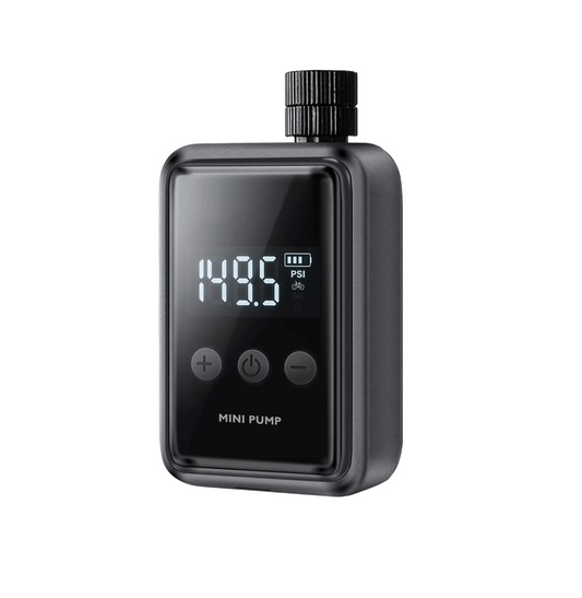 Black Tyrisclix Bike Pump with digital display on a white background
