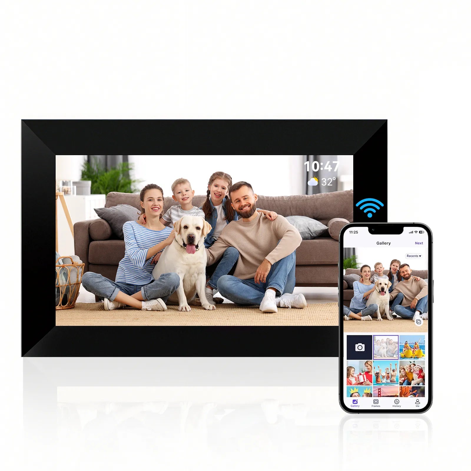 Valis Digital Photo Frame displaying a family with a dog, next to a smartphone showing the app interface.