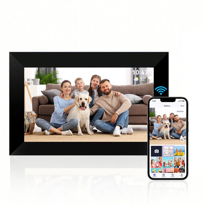Valis Digital Photo Frame displaying a family with a dog, next to a smartphone showing the app interface.