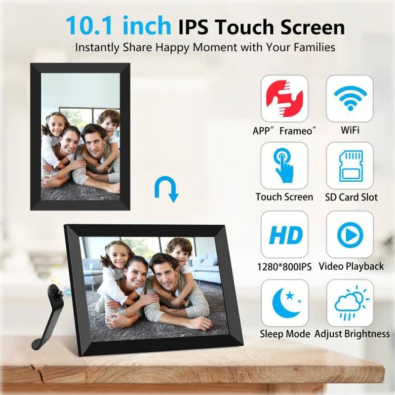 Valis Smart Digital Photo Frame with 10.1 inch IPS touch screen displaying family photos, featuring connectivity and display features on a light background.