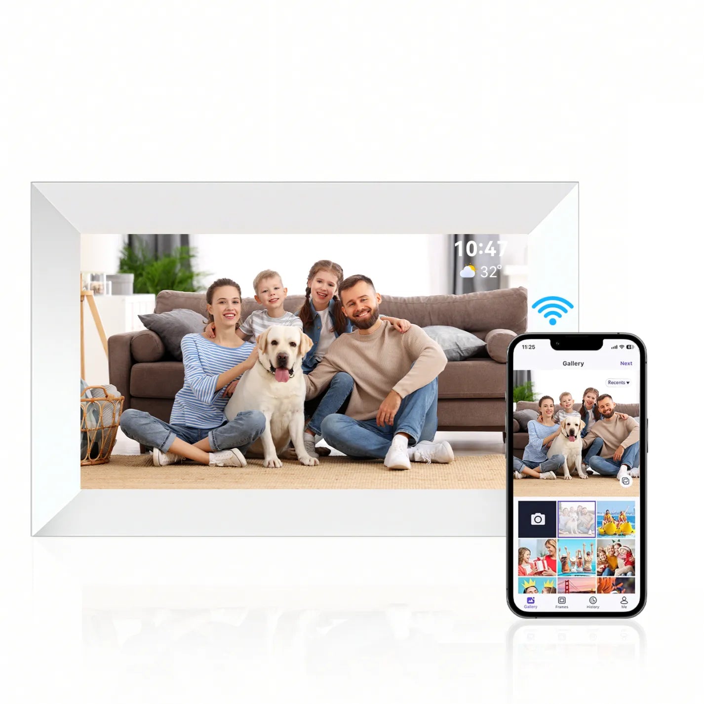 Valis Smart Digital Photo Frame displaying a family with a dog, connected to a smartphone app.