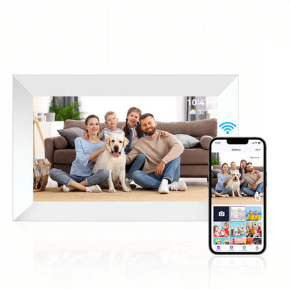 Valis Smart Digital Photo Frame displaying a family with a dog, connected to a smartphone app.