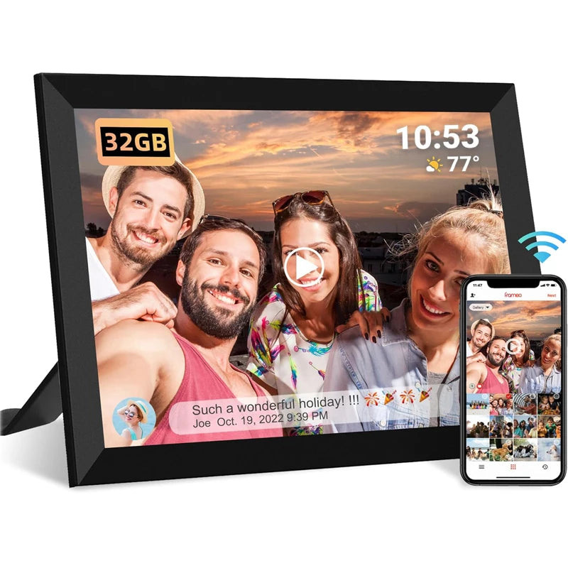 Valis Smart Digital Photo Frame displaying a family photo with smartphone app on the side.
