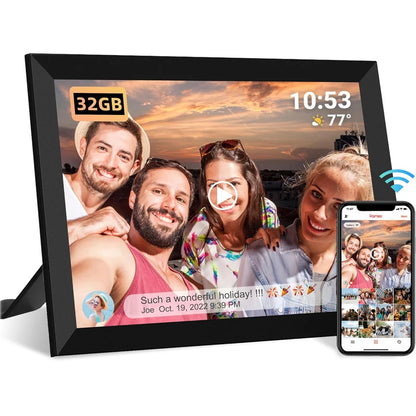 Valis Smart Digital Photo Frame displaying a family photo with smartphone app on the side.