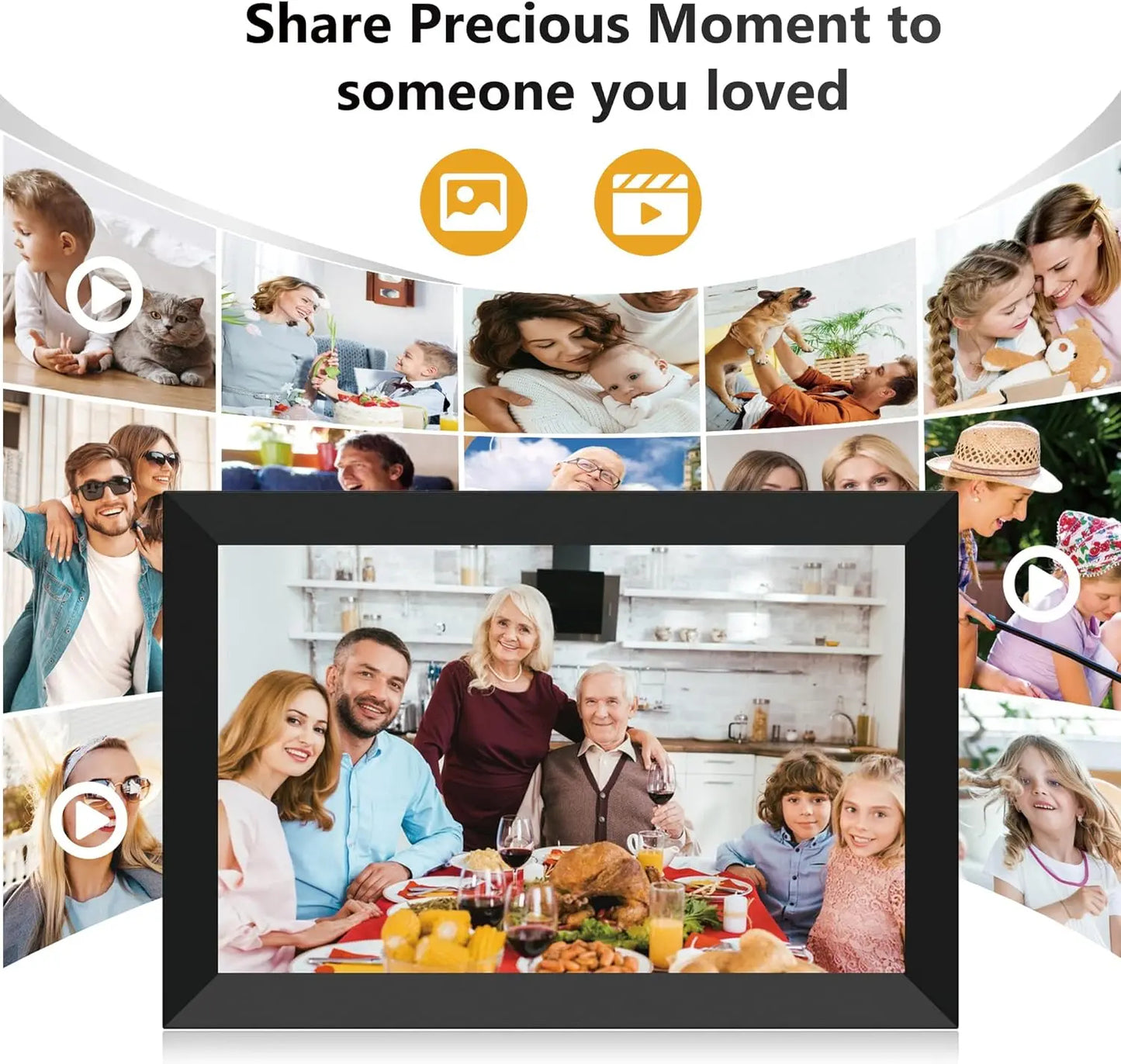 Valis Smart Digital Photo Frame with family photos and text 'Share Precious Moment to someone you loved'.