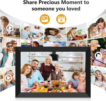 Valis Smart Digital Photo Frame with family photos and text 'Share Precious Moment to someone you loved'.