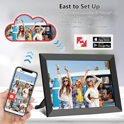 Valis Smart Digital Photo Frame with smartphone app interface, showing a group of people in front of a van.