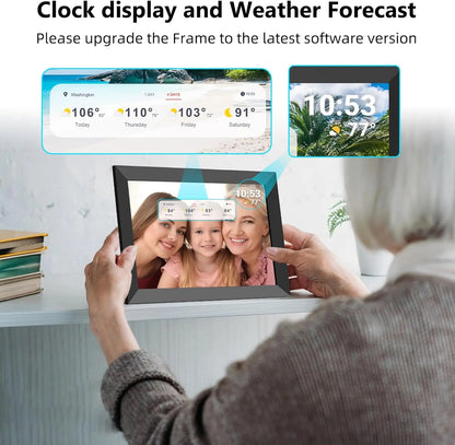 Valis Smart Digital Photo Frame displaying a family photo with clock and weather information on a screen.
