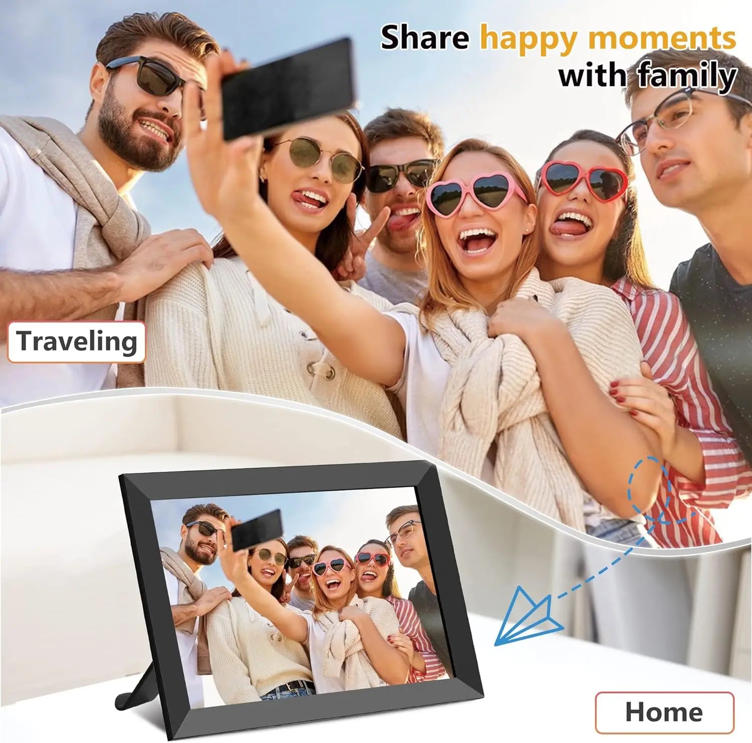 Group of people taking a selfie with sunglasses, showing a Valis Smart Digital Photo Frame displaying the selfie.