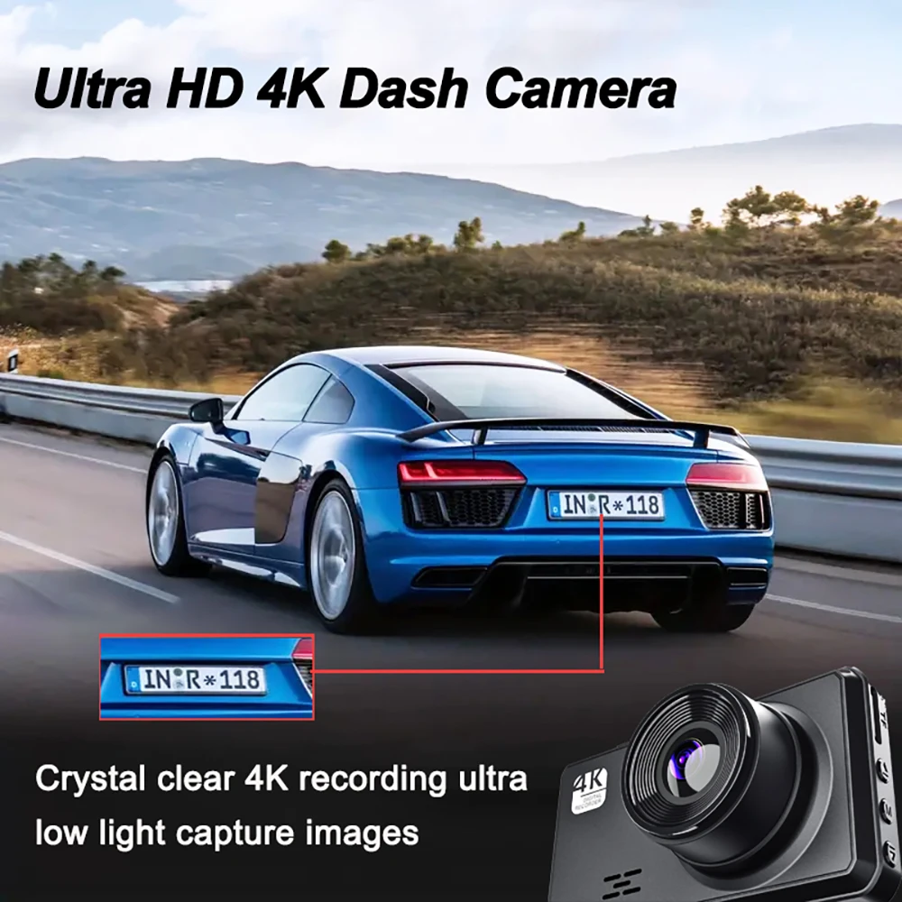 Blue car on a road with an inset of a 4K Vantracam Dash Cam, text about ultra HD 4K dash camera.