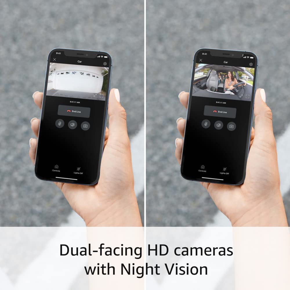 Two smartphones displaying different camera angles with 'Dual-facing HD cameras with Night Vision' text.