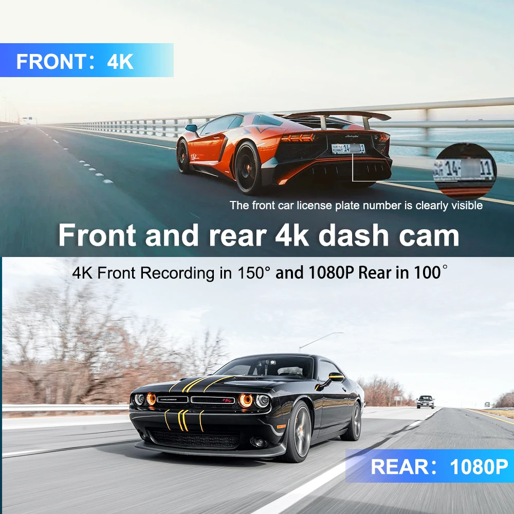 Two cars on a road with text about front and rear 4k Vantracam Dash Cam features.