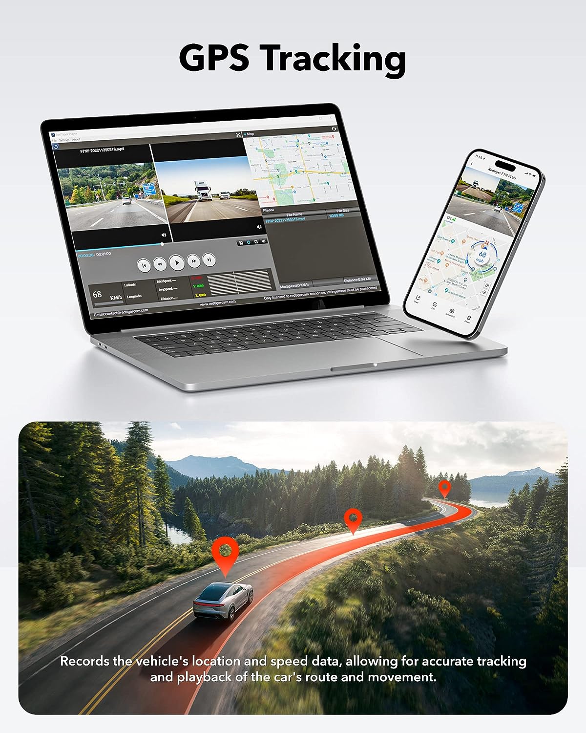 Laptop and smartphone displaying GPS tracking software with a scenic road and car illustration.