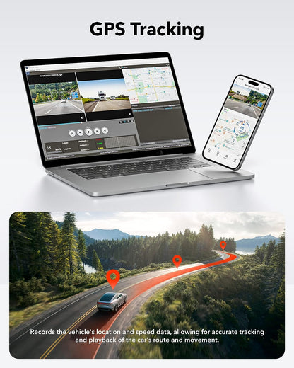 Laptop and smartphone displaying GPS tracking software with a scenic road and car illustration.