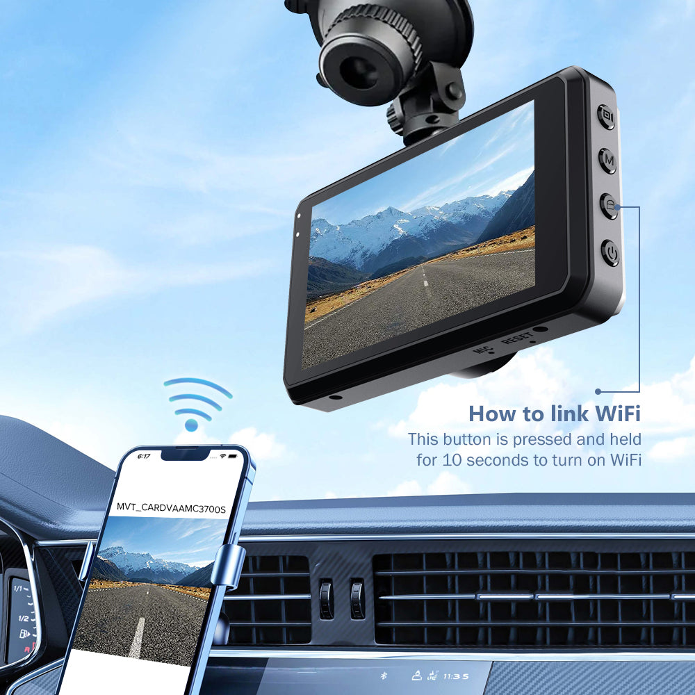 Car dashboard with a dual Vantracam Dash Cam system and smartphone displaying the camera feed, set against a mountainous landscape.
