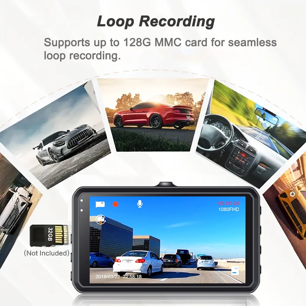 Car dashboard Vantracam Dash Cam with loop recording feature and images of cars in different settings.