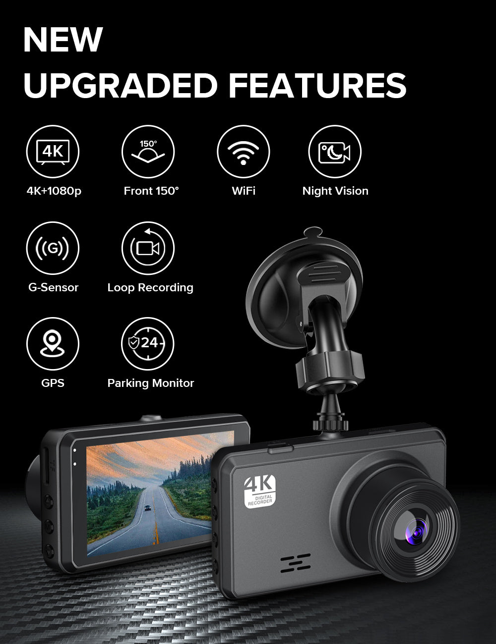 Car dashboard Vantracam Dash Cam with features listed on a black background