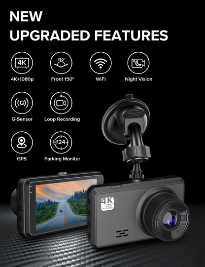 Car dashboard Vantracam Dash Cam with features listed on a black background