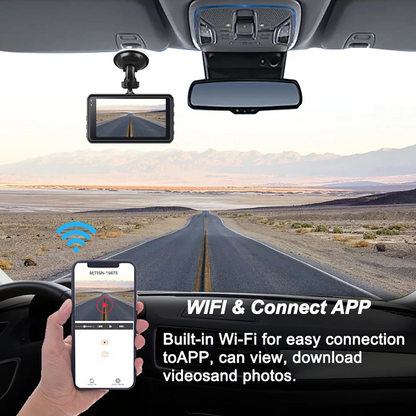 Car dashboard with a rearview mirror Vantracam Dash Cam and smartphone displaying app interface, set against a desert road backdrop.