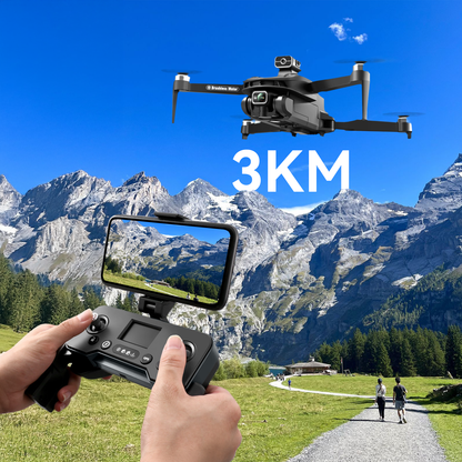 Person controlling a Vassco GPS Drone with a view of mountains in the background