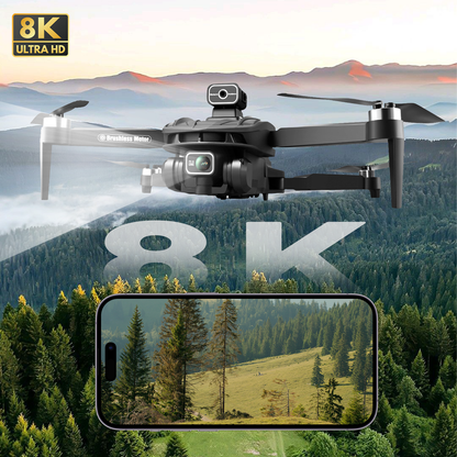 Vassco GPS Drone with 8K camera capturing a scenic view of mountains and forest, displayed on a smartphone screen.