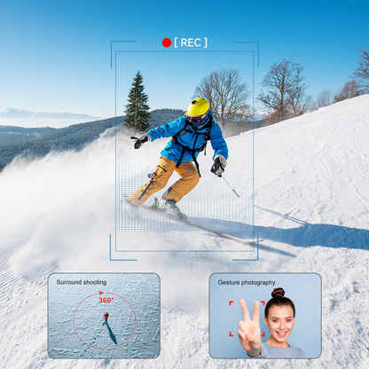 Person skiing on a snowy slope with recording interface overlay