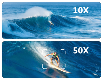 Two images showing a surfer on a wave with magnification labels '10X' and '50X'.