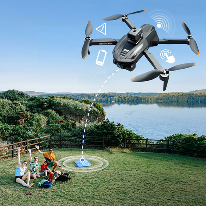 Vassco GPS Drone flying over a scenic landscape with people on the ground