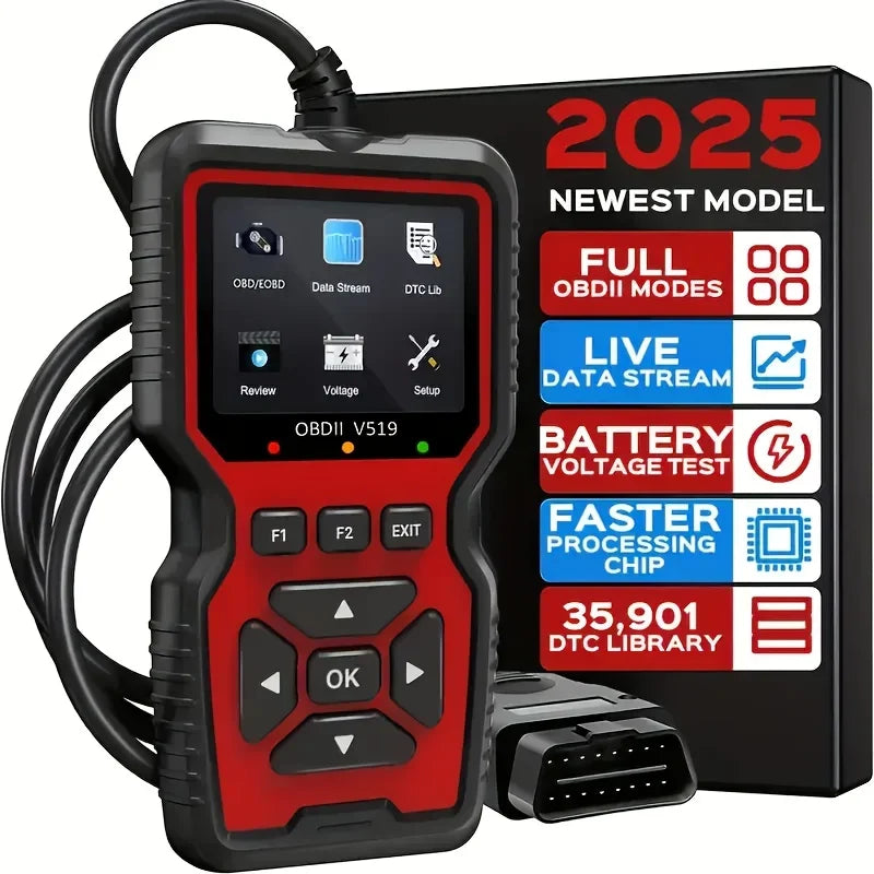 VehieCode Car diagnostic tool with display and OBDII cable, branded '2025' on packaging.