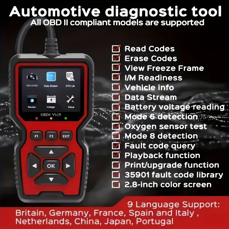 Automotive diagnostic tool with features listed on a dark background
