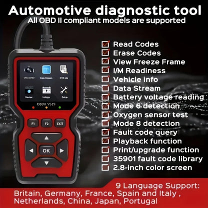 Automotive diagnostic tool with features listed on a dark background