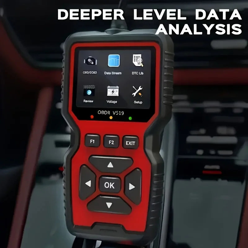 Car diagnostic tool with screen displaying functions, held in a car's dashboard.