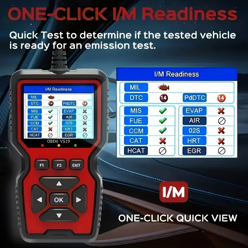 Car diagnostic tool with I/M readiness display and 'One-Click I/M Readiness' text.