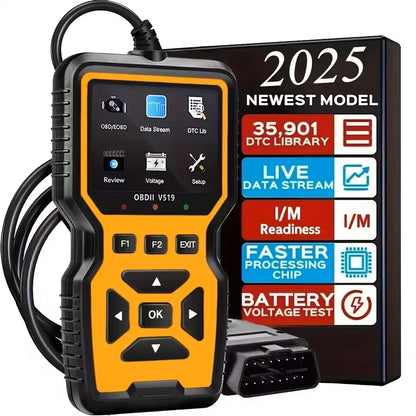 Car diagnostic tool with features highlighted on a white background