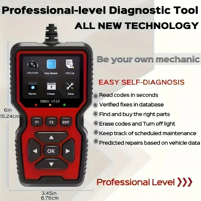 Red diagnostic tool with features listed on a white background