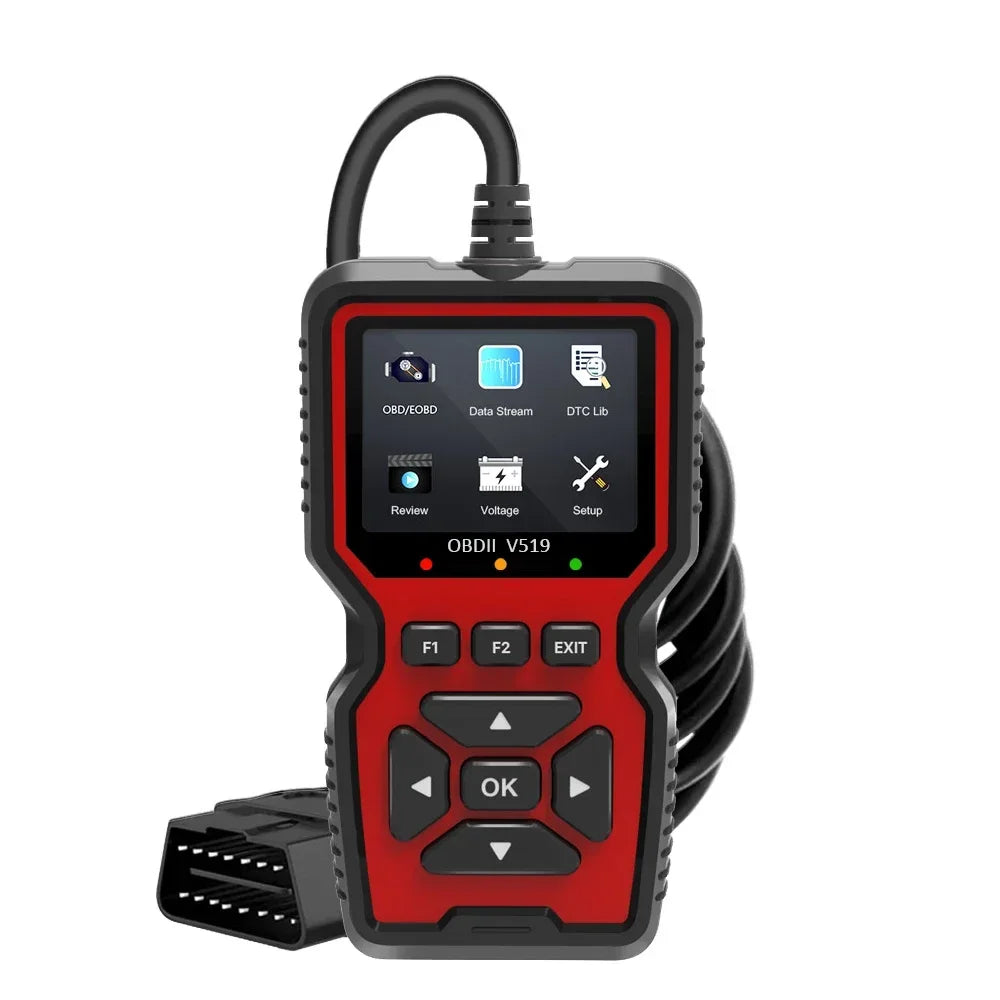 Red and black VehieCode diagnostic scanner tool on a white background