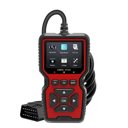 Red and black VehieCode diagnostic scanner tool on a white background