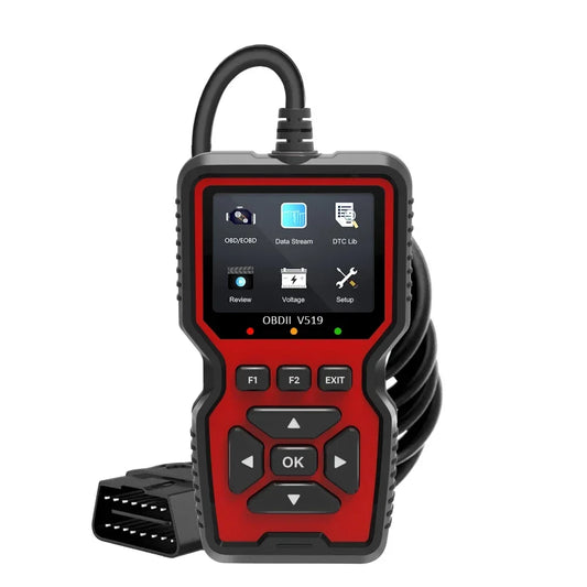 Red and black VehieCode diagnostic scanner tool on a white background