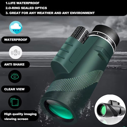 Green Vistanici Monocular with features listed on a black background