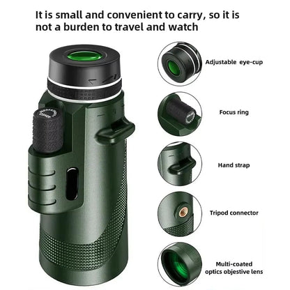 Green Vistanici Monocular with features highlighted on a white background