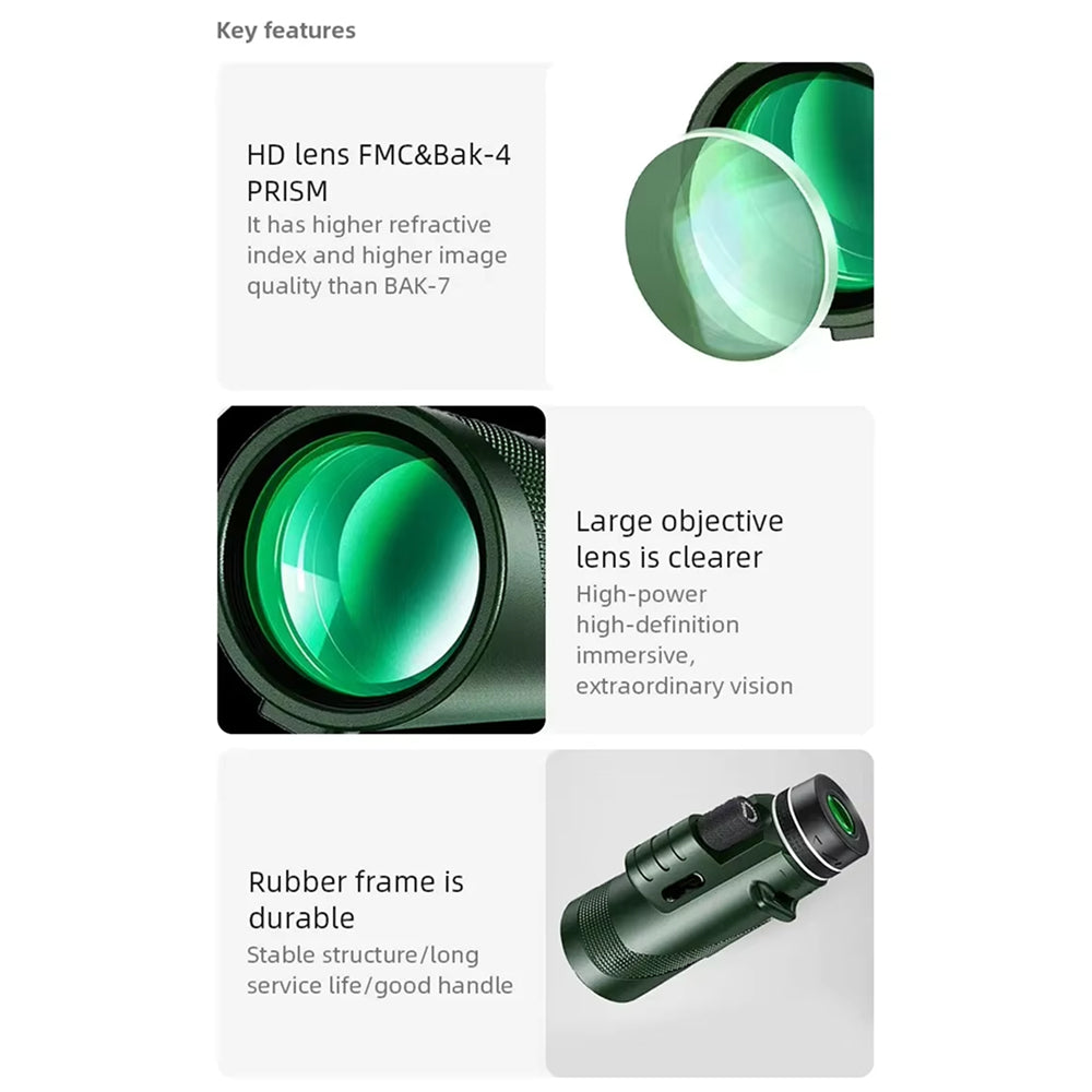 Vistanici Monocular with green lens and text detailing key features on a white background