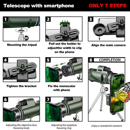 Step-by-step guide on how to attach a telescope to a smartphone with visual illustrations.