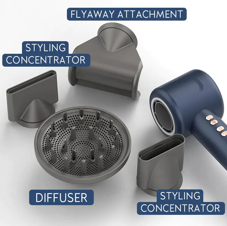 Voeflow Hair Dryer with attachments labeled on a white background