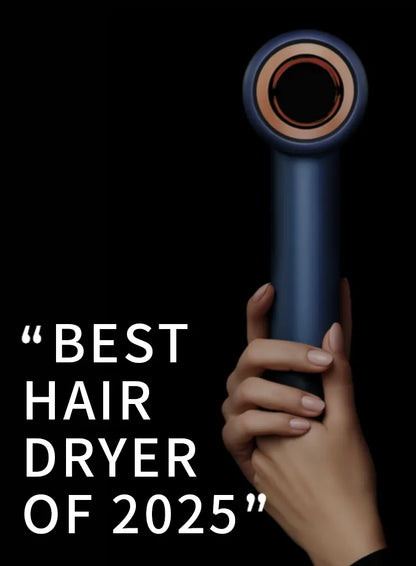 Hand holding a blue Voeflow Hair Dryer  with text 'Best Hair Dryer of 2025' on a black background