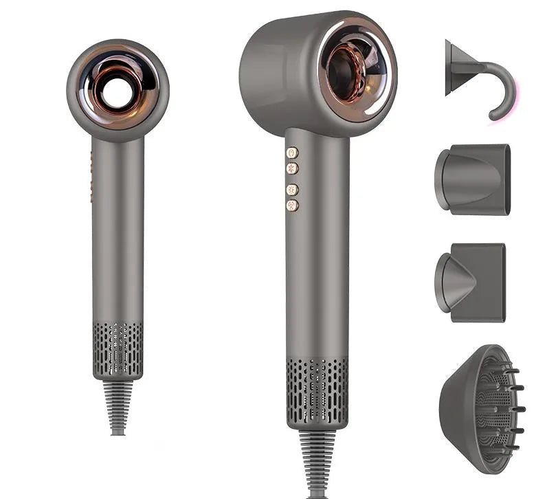 Gray Voeflow Hair Dryer  with multiple attachments on a white background