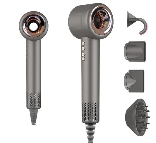 Gray Voeflow Hair Dryer  with multiple attachments on a white background