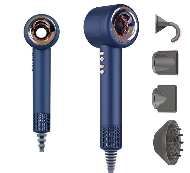 Blue Voeflow Hair Dryer with multiple attachments on a white background
