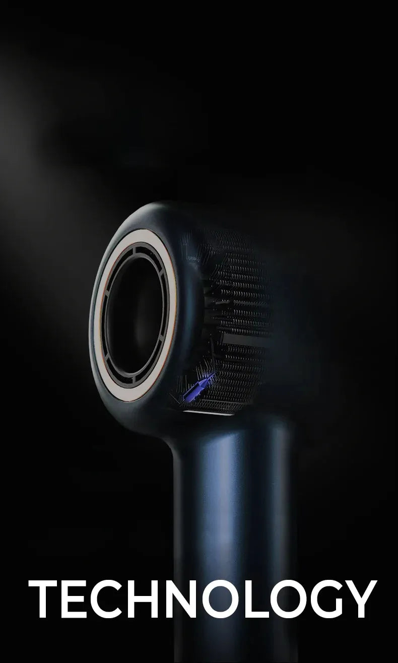 Black cylindrical Voeflow Hair Dryer with a fan on a black background, labeled 'TECHNOLOGY'.